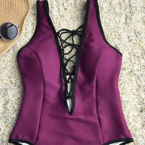 Lace Up Deep V One-piece Bathing Suit  - M Purple